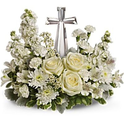 <div id="mark-3" class="m-pdp-tabs-marketing-description">An elegant display of faith and divine peace, this beautiful arrangement will comfort the bereaved in a truly thoughtful and respectful way. An exquisite crystal cross is surrounded by a bed of lovely blossoms. It is sure to be appreciated and always remembered.</div>
<div id="desc-3">
<ul>
 	<li>A fragrant mix of pure white blooms - including roses, alstroemeria, stock, carnations and waxflower - is accented with dusty miller and variegated pittosporum around an exclusive Crystal Cross keepsake</li>
</ul>
</div>