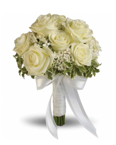<p>Delicate white bouvardia and pittosporum lend a lacy look to this breathtaking bouquet of white roses wrapped with sheer organza ribbon.</p>