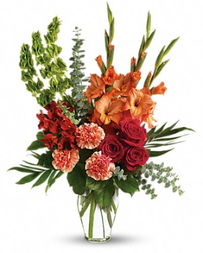 <div class="m-pdp-tabs-description">
<div id="mark-1" class="m-pdp-tabs-marketing-description">Red roses, red alstroemeria and orange gladioli in a glass vase - a lovely tribute that sends a message of hope and healing for those mourning their loss.</div>
</div>
<p id="arrngDescp">The brilliant arrangement includes red roses, red alstroemeria, orange gladioli, orange carnations and bells of Ireland, accented with assorted greenery.</p>