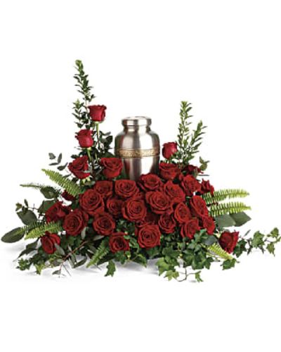 <div class="m-pdp-tabs-description">
<div id="mark-1" class="m-pdp-tabs-marketing-description">Elegant red roses and delicate greenery are a breathtaking way to display and honor the cremation urn.</div>
</div>
<p id="arrngDescp">Red roses are arranged with myrtle, green ivy, sword fern, silver dollar eucalyptus, and lemon leaf. Arrangement does not include urn.</p>