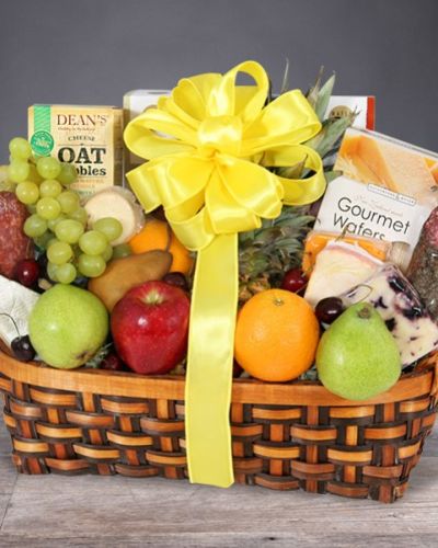 <div id="mark-2" class="m-pdp-tabs-marketing-description">

<hr />
<p style="text-align: right">The gift of good taste! Send this gourmet gift basket of fruit and snacks to a gracious hostess, busy new parents, or anyone who appreciates the finer things in life.</p>

</div>
<div class="m-pdp-tabs-marketing-description" style="text-align: right">This wonderful basket overflows with delicious fruit and tasty treats.</div>
<div id="desc-2">
<ul>
 	<li style="text-align: right">Apples, pears, oranges, grapes, bananas and a pineapple are presented with cheeses, crackers, tea and other savory snacks in a natural gift basket that's trimmed with a bow.</li>
</ul>
</div>