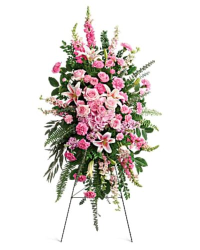 <div class="m-pdp-tabs-description">
<div id="mark-1" class="m-pdp-tabs-marketing-description">This glorious spray of pink hydrangea, roses and lilies is an especially fond, feminine farewell to one deeply loved.</div>
</div>
<p id="arrngDescp">This glorious spray includes pink hydrangea, light pink roses, light pink spray roses, pink oriental lilies, pink carnations, miniature light pink carnations, pink larkspur, pink snapdragons, pink stock, huckleberry, sword fern, asparagus plumosus and greenery. Delivered on a wire easel.</p>