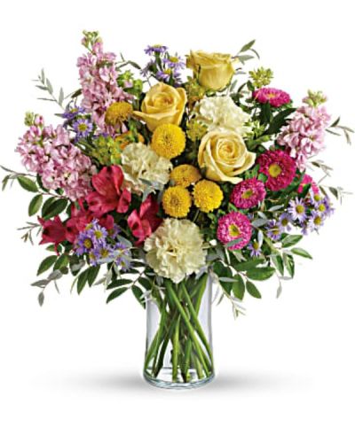 <div id="mark-2" class="m-pdp-tabs-marketing-description">Spread goodness and light far and wide with this joyful gift of pink, yellow and lavender blooms! Full of tantalizing texture and uplifting colors, it's sure to bring a smile to anyone's face.</div>
<div id="desc-2">
<ul>
 	<li>This beautiful bouquet includes yellow roses, red alstroemeria, light yellow carnations, pink stock, hot pink matsumoto asters, large lavender monte cassino asters, yellow button spray chrysanthemums, bupleurum, huckleberry, and parvifolia eucalyptus.</li>
 	<li>This beautiful bouquet includes yellow and pink roses, red alstroemeria, light yellow carnations, pink stock, hot pink matsumoto asters, large lavender monte cassino asters, yellow button spray chrysanthemums, bupleurum, huckleberry, and parvifolia eucalyptus.</li>
 	<li>Delivered in a clear cylinder vase.</li>
</ul>
</div>