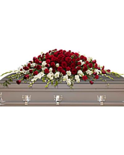 <div id="mark-1" class="m-pdp-tabs-marketing-description">A traditional tribute that communicates deep love and eternal commitment. This dramatic red and white casket spray is ideal for a full couch or closed casket, mixing dozens of deep red roses with the pure white beauty of gladioli and stock.</div>
<div id="desc-1">
<ul>
<li>Red roses and carnations are paired with snow white gladioli and stock, then accented with greens including variegated ivy and salal.</li>
</ul>
</div>