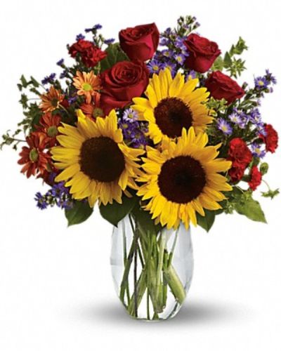<div class="m-pdp-tabs-description">
<div id="mark-1" class="m-pdp-tabs-marketing-description">
<hr />
<p>Pure happiness is what this pretty bouquet delivers - whether you're sending it for a fall birthday, Thanksgiving, thank you, or simply just because. Surely, no one can be in the presence of something so inherently happy and not smile.
</p></div>
</div>
<p id="arrngDescp">Sunny sunflowers, red roses and miniature carnations, bronze daisy spray chrysanthemums, large lavender monte cassino asters and autumn greens are beautifully arranged in a clear glass vase.</p>