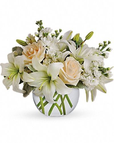 <div class="m-pdp-tabs-description">
<div id="mark-1" class="m-pdp-tabs-marketing-description">Like a vacation for the senses, this lovely bouquet delivers an oasis of beauty and elegance. Soothing, serene and very special.</div>
</div>
<p id="arrngDescp">Crème roses, white asiatic lilies and stock stem are incredibly arranged in a bubble vase. When it comes to bouquets, this is definitely the right way to do white.</p>