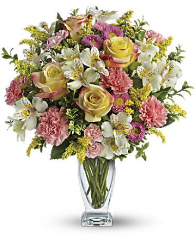 <hr />

<div id="mark-3" class="m-pdp-tabs-marketing-description">Lush and lovely, yet delightfully delicate, the pale pinks, yellows and whites of this gorgeous bouquet look like they were made for one another.</div>
&nbsp;
<div id="desc-3">
<ul>
 	<li>Yellow roses, pink carnations, white alstroemeria and pink asters are accented with solidago and oregonia.</li>
</ul>
</div>